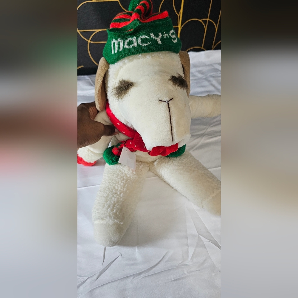 Macy's Festive Plush Dog with Green Hat and Red Scarf